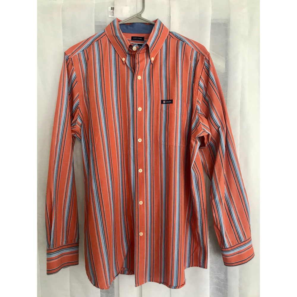 Chaps Mens Easy Care Orange Blue White Striped Long Sleeve Button Down‎ Shirt M